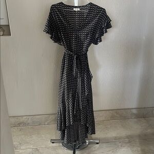 Max Studio Black and White Asymmetrical Wrap Midi Dress